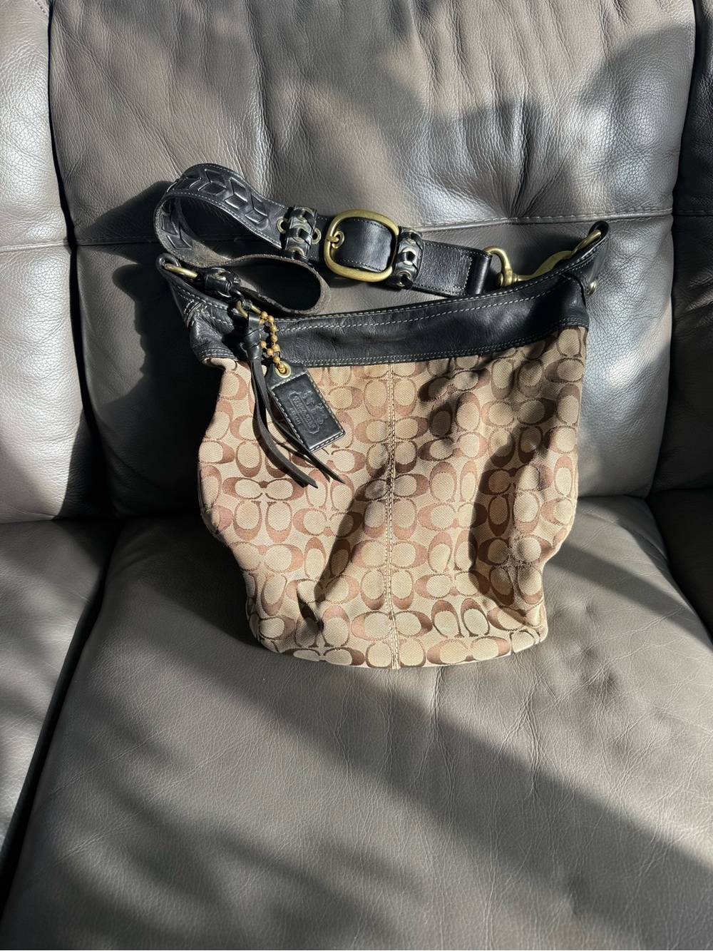 Coach Canvas Hobo Bag in Brown and Black Leather Trim